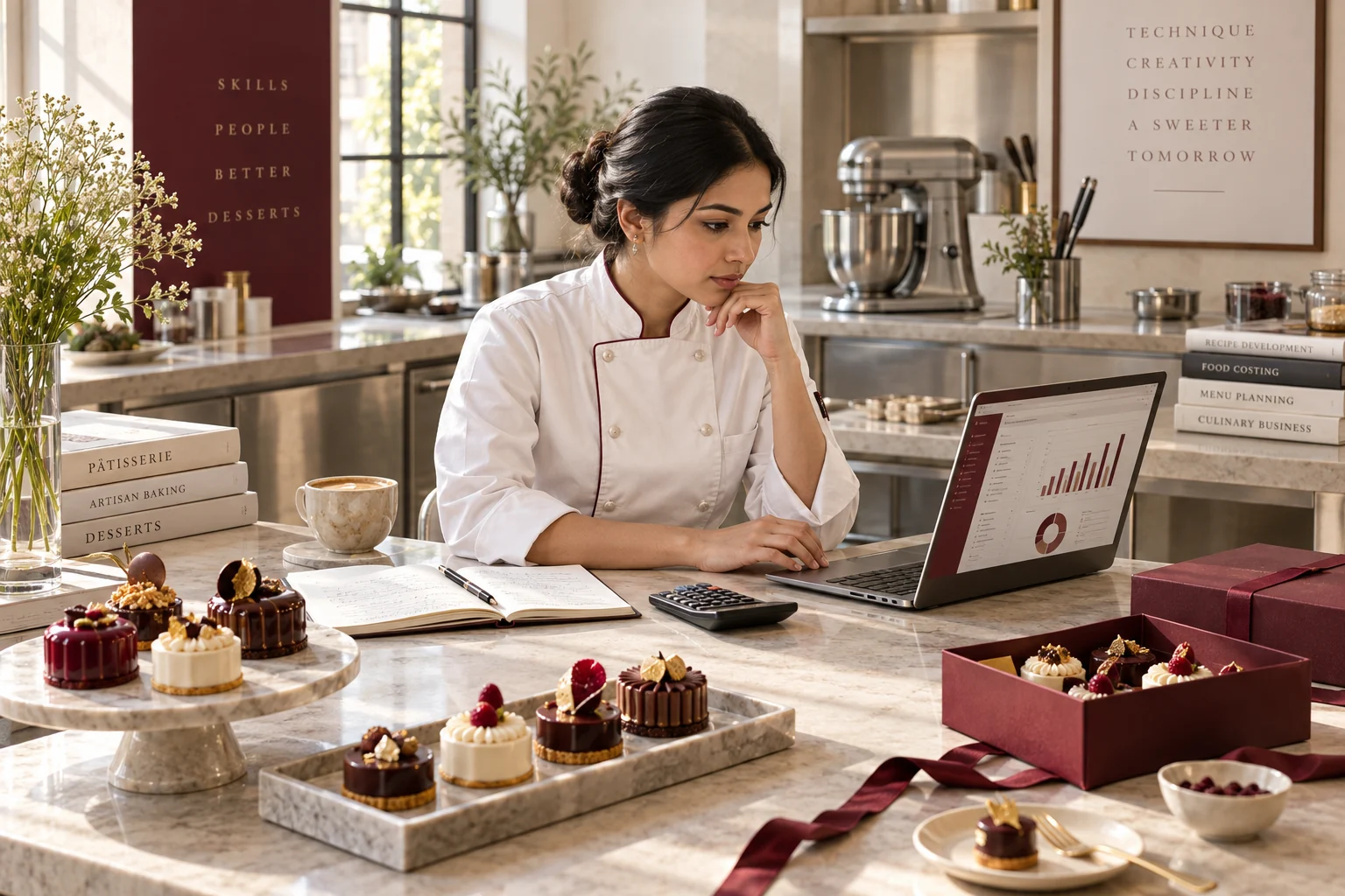 Patissier reviewing recipe costing beside premium pastry products