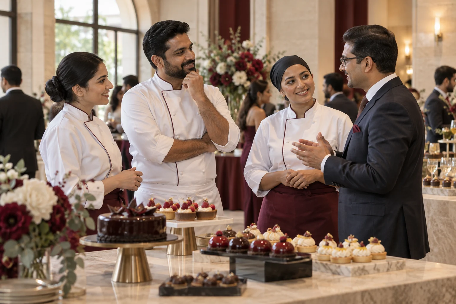 Chefs connecting with an industry mentor at a pastry reception
