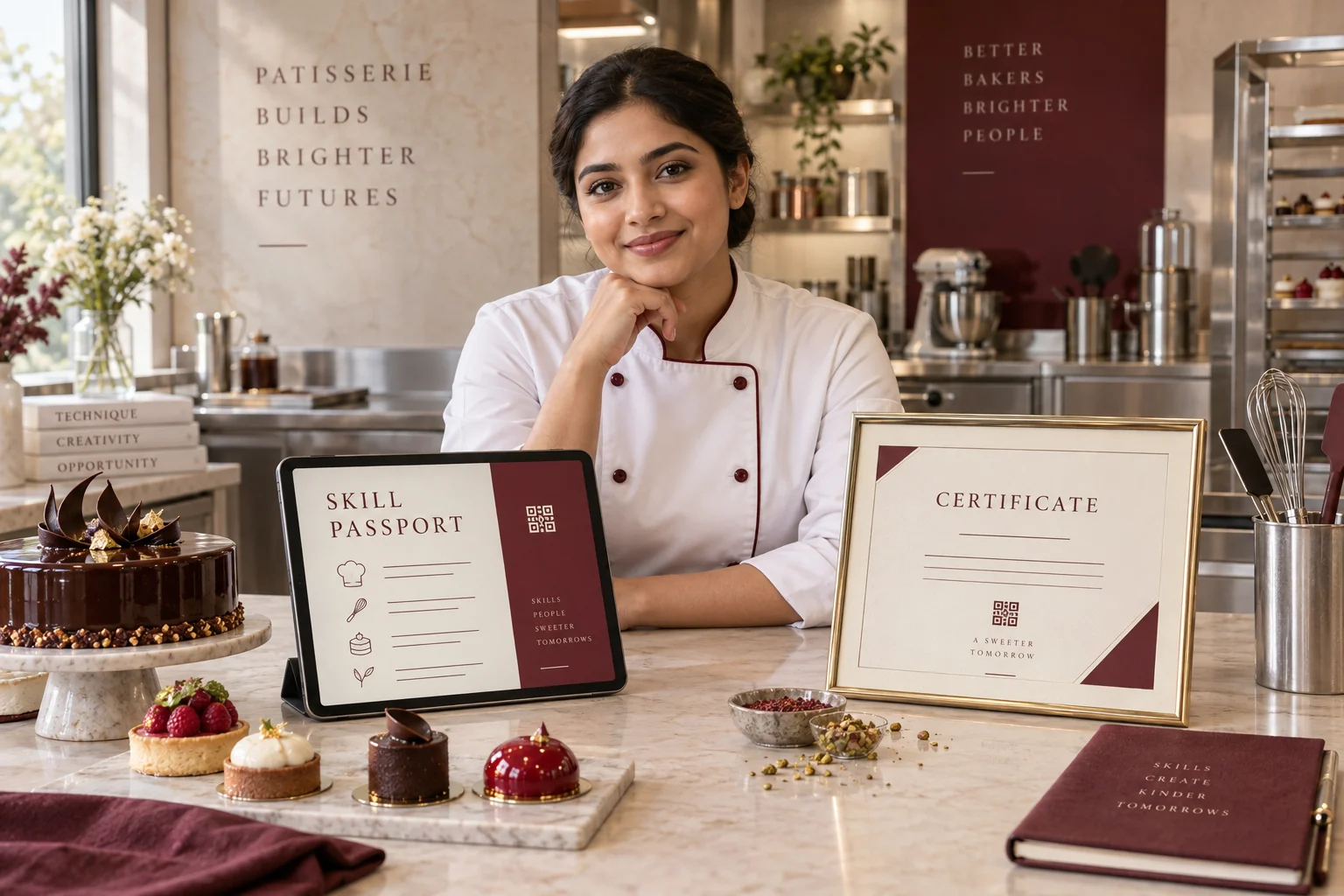 Patissier with an illustrative digital Skill Passport and certificate